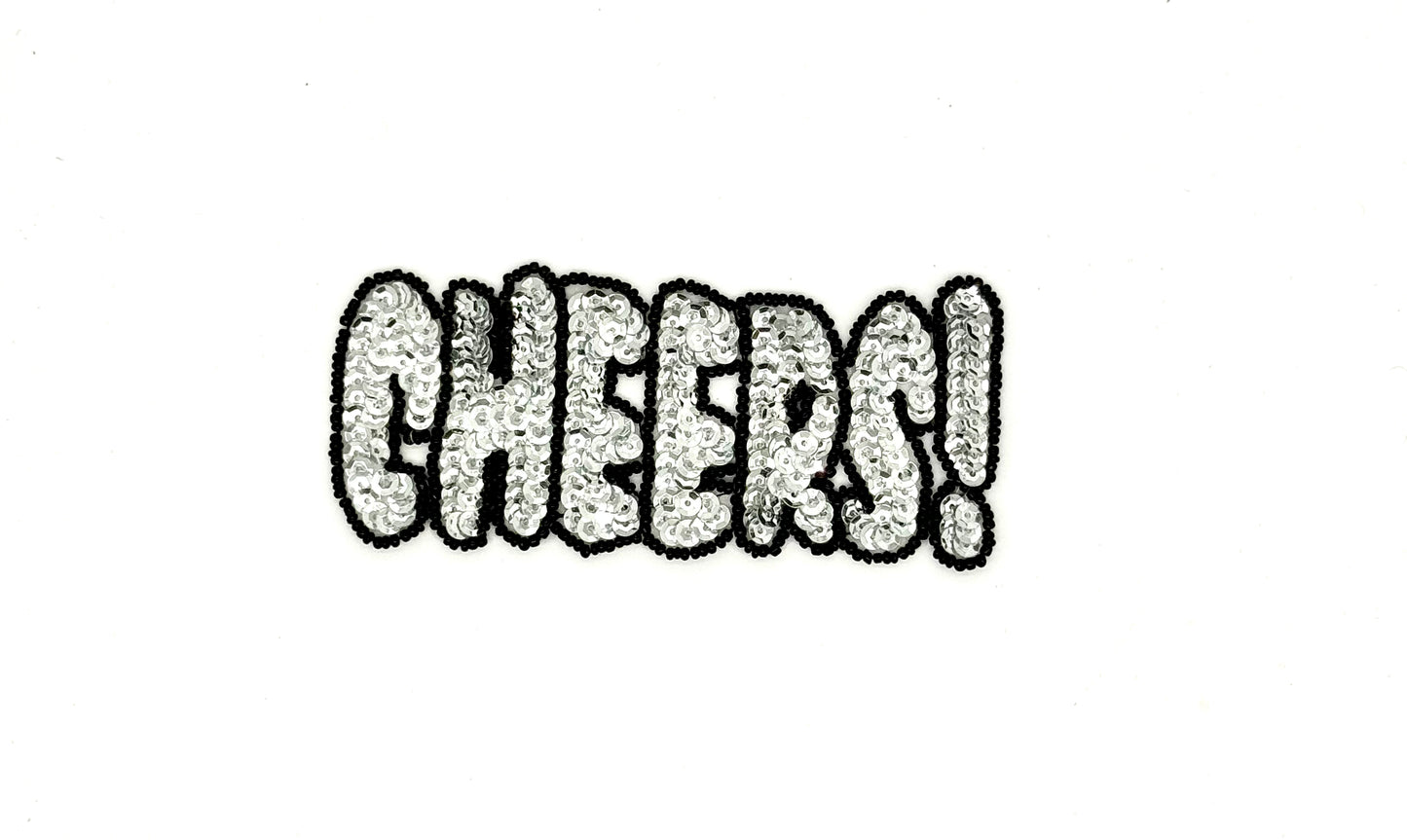 Word “CHEERS!” or “CHEER!” Appliqué - Silver Sequins - Black Beads 4.75”x 2” or 4.25”x 2”