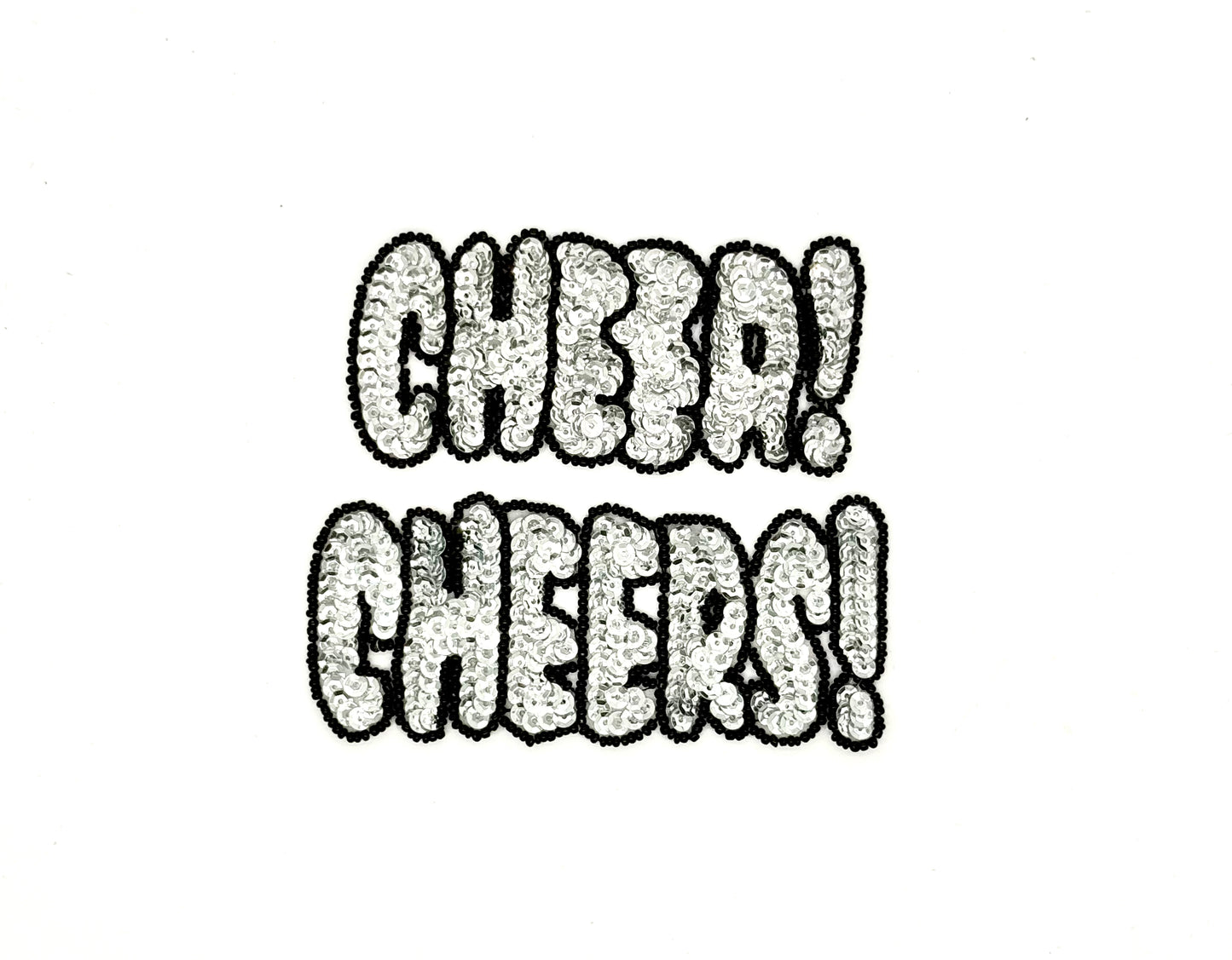 Word “CHEERS!” or “CHEER!” Appliqué - Silver Sequins - Black Beads 4.75”x 2” or 4.25”x 2”