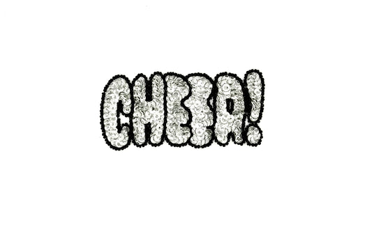 Word “CHEERS!” or “CHEER!” Appliqué - Silver Sequins - Black Beads 4.75”x 2” or 4.25”x 2”