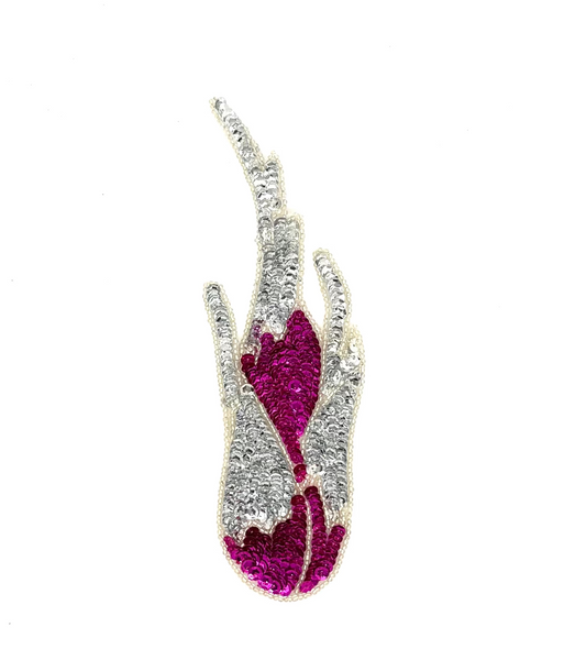 Flame Appliqué - Silver/Fuchsia Sequins - Silver Glass Beads 8.5" x 3.25"