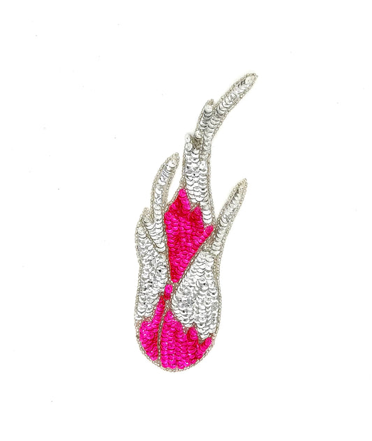 Flame Appliqué - Pair or Single - Pink/Silver Sequins - Silver Glass Beads 8.5"x 3.25"