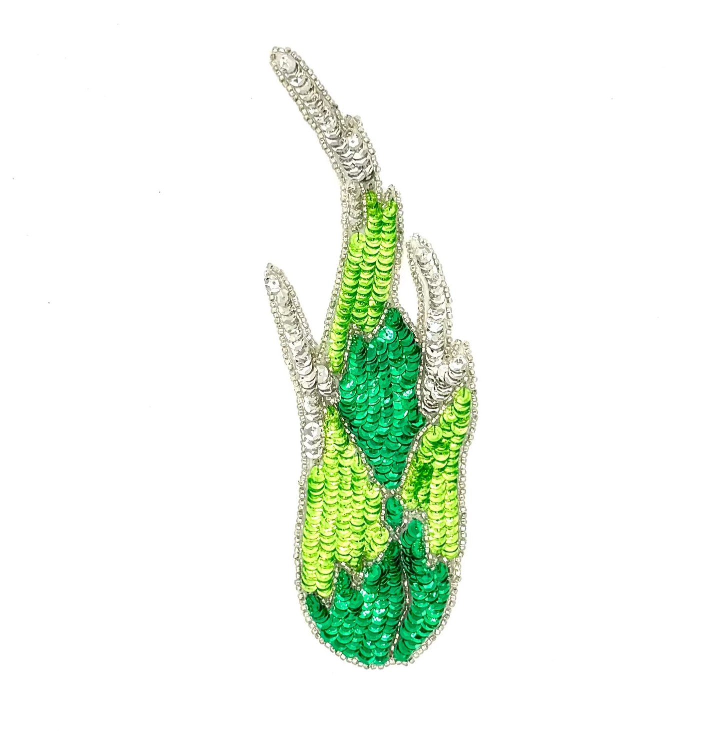 Aplicación de llama - Lentejuelas bicolores verdes/plateadas - Cuentas de cristal plateadas 8.5" x 3.25"