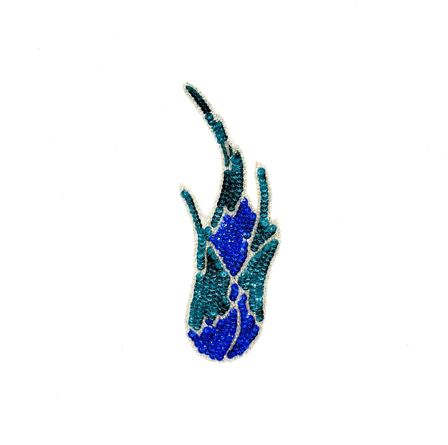 Flame Appliqué - Pair or Single - Teal/Royal Blue Sequins - Silver Glass Beads 8.5" x 3.25"