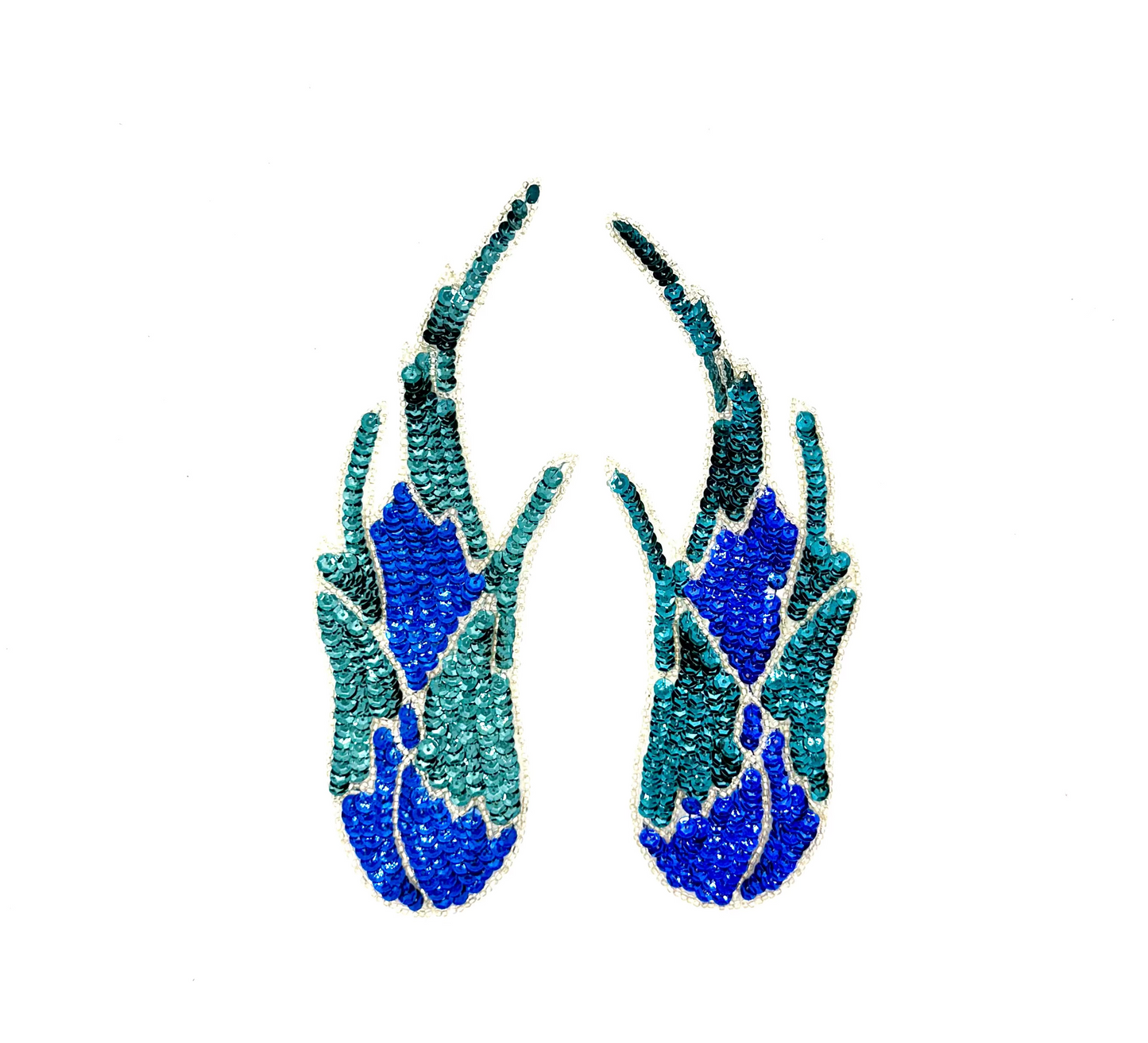 Flame Appliqué - Pair or Single - Teal/Royal Blue Sequins - Silver Glass Beads 8.5" x 3.25"