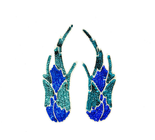 Flame Appliqué - Pair or Single - Teal/Royal Blue Sequins - Silver Glass Beads 8.5" x 3.25"