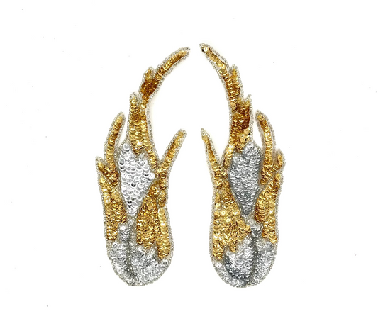 Flame Appliqué - Pair or Single - Gold/Silver Sequins - Silver Glass Beads 8.5" x 3.25"