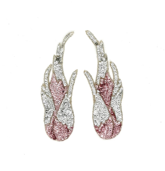 Flame Appliqué - Pair - Pink/Silver Sequins - Silver Glass Beads 8.5" x 3.25"