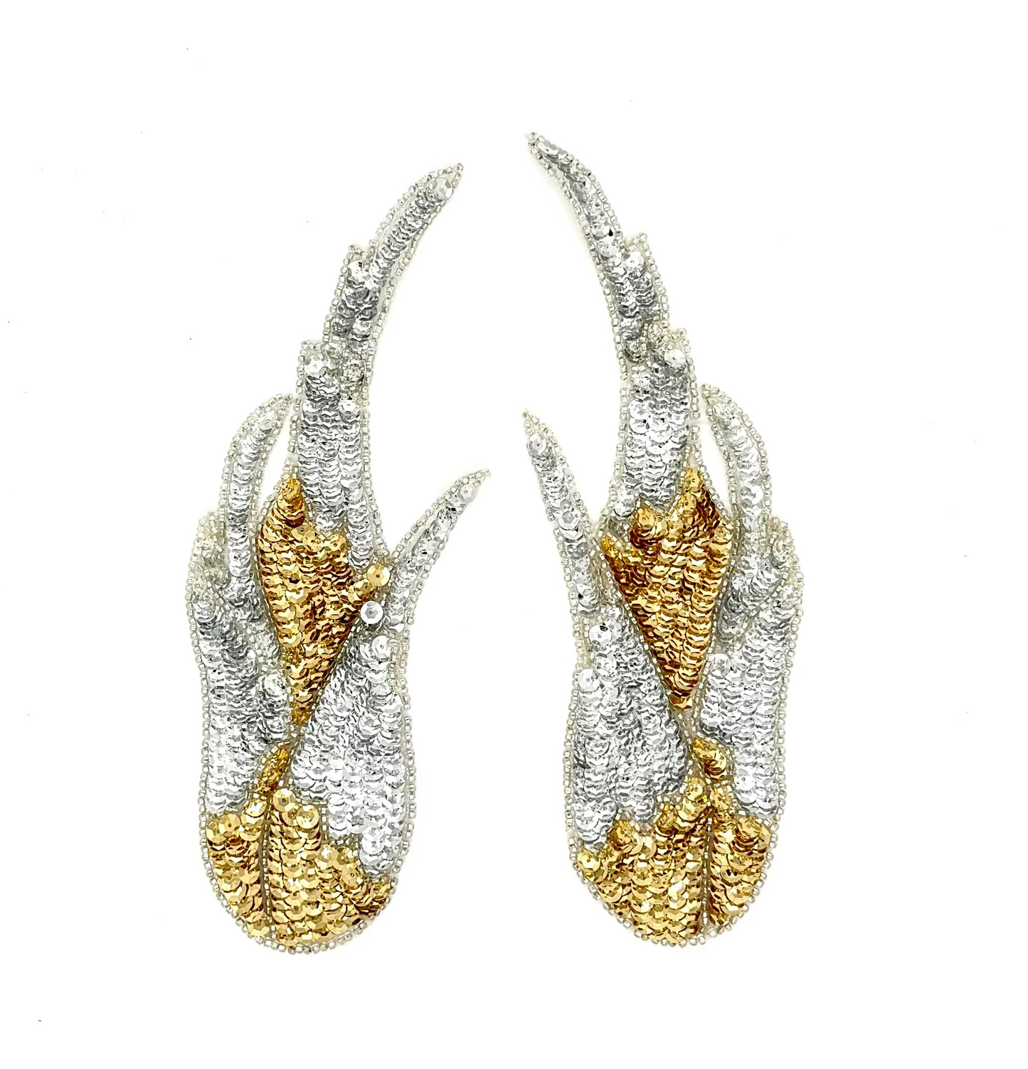 Flame Appliqué -  Pair or Single - Gold/Silver Sequins - Silver Glass Beads 8.5" x 3.25"