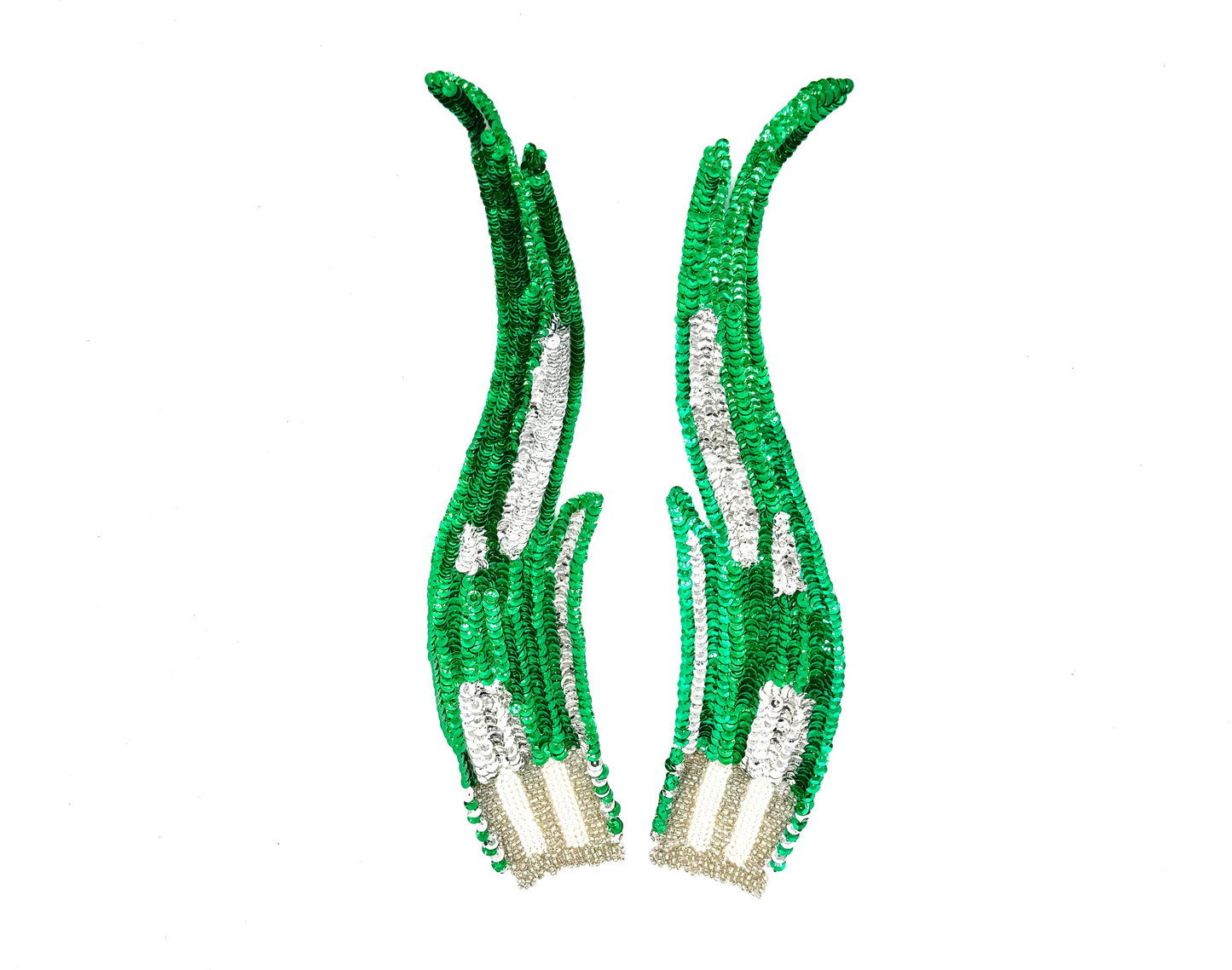 Flame Appliqué -  Pair - Emerald Green/Silver Sequins - Silver/White Glass Beads - Pearls 12" x 3"