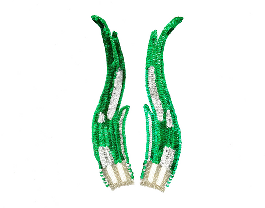 Flame Appliqué -  Pair - Emerald Green/Silver Sequins - Silver/White Glass Beads - Pearls 12" x 3"