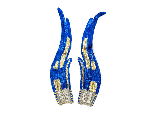 Aplicación de llama - Par - Lentejuelas azul real/doradas - Cuentas de cristal plateadas - Perlas 12"x 3"