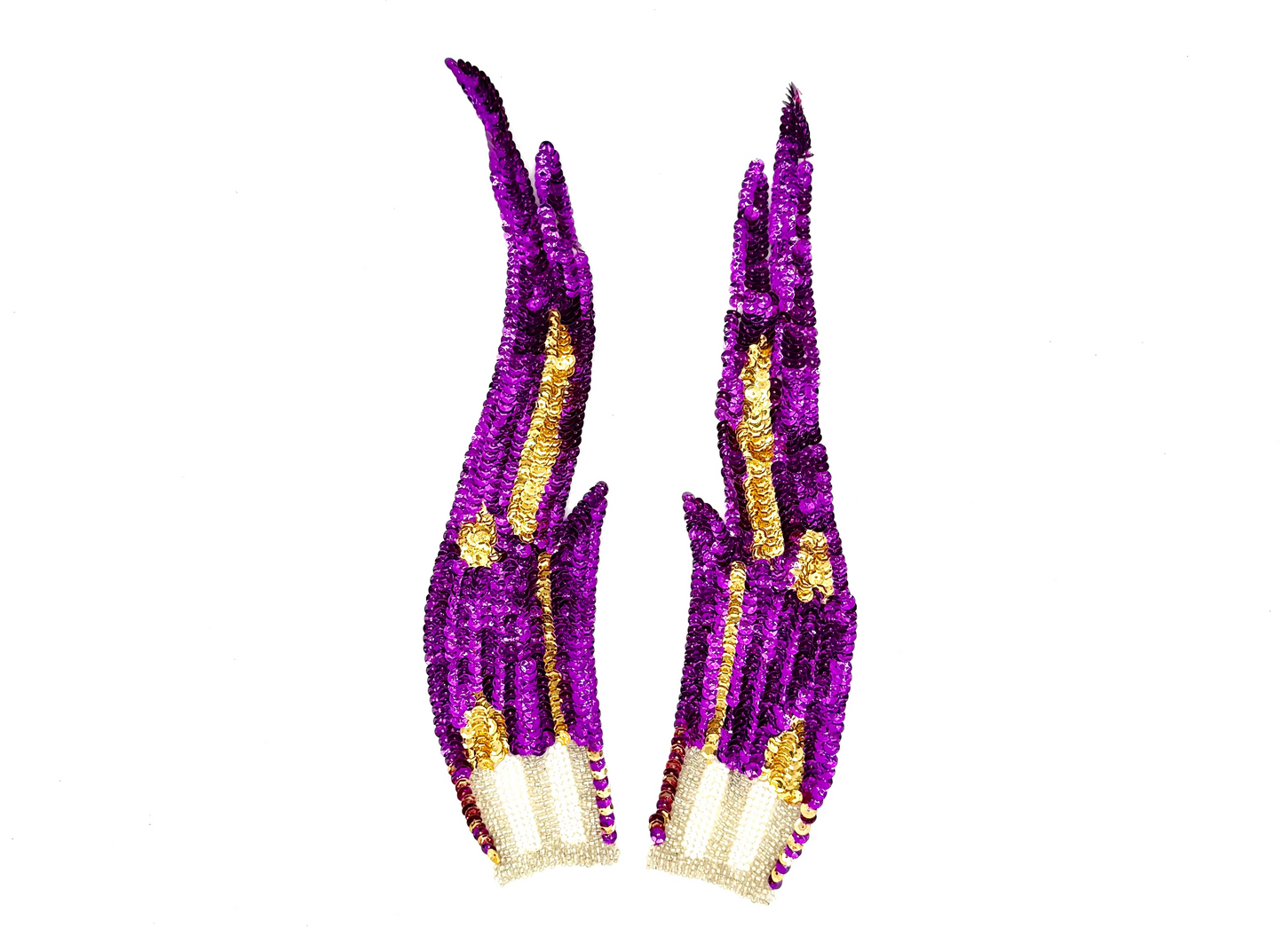 Flame Appliqué - Pair - Purple/Gold Sequins -Silver Glass Beads - Pearls 12" x 3"