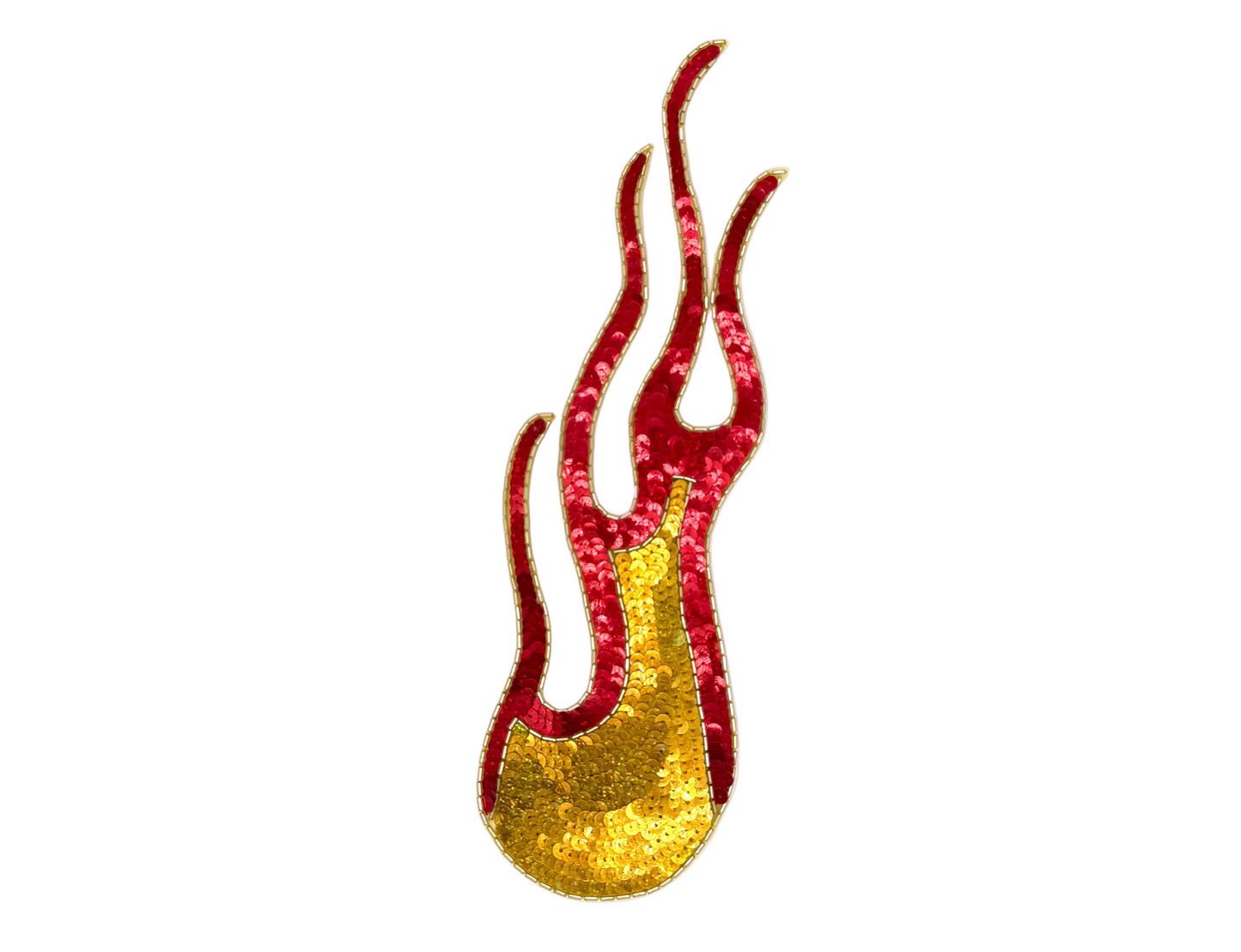 Aplicación de llama - Lentejuelas rojas/doradas - Cuentas doradas 35,5 cm x 10 cm