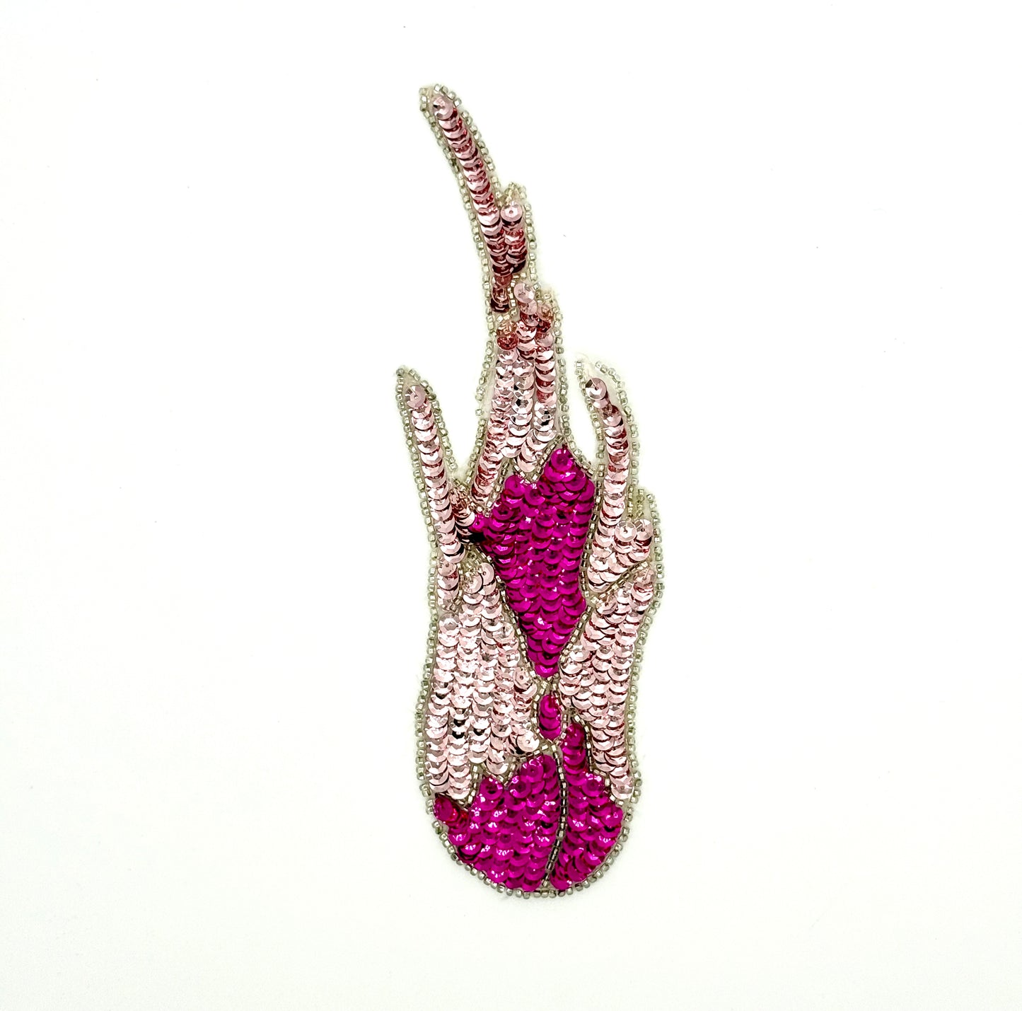 Flame Appliqué - Pair or Single - Fuchsia/Pink Sequins - Silver Beads 8.5" x 3"