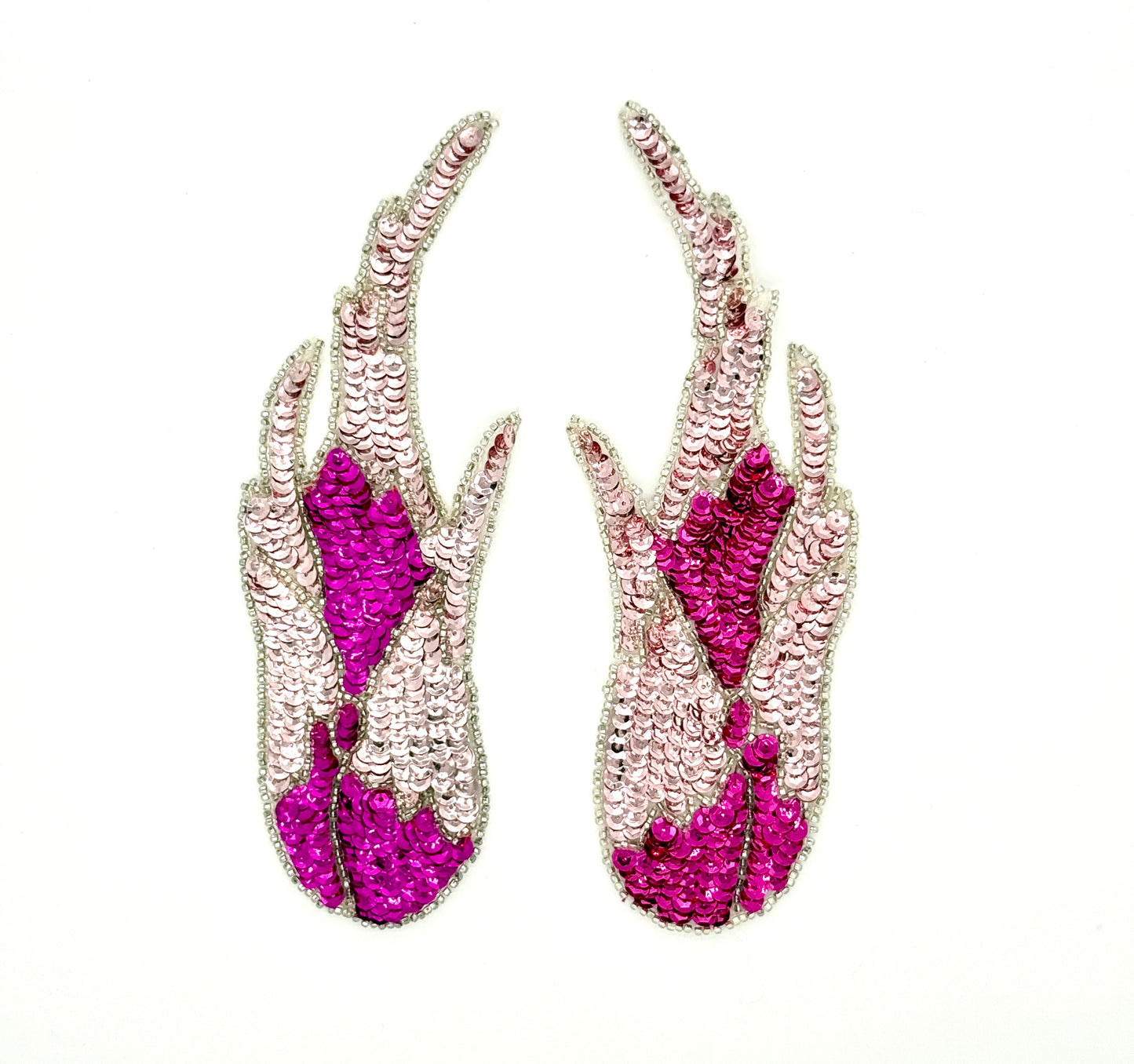 Flame Appliqué - Pair or Single - Fuchsia/Pink Sequins - Silver Beads 8.5" x 3"