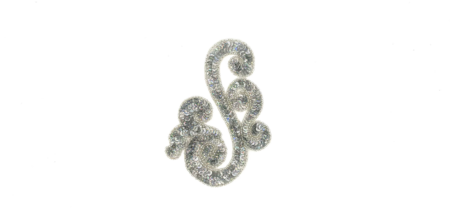 Designer Motif - Pair or Single - Iridescent SpotLight Silver Sequins - Silver Beads 6” x 4”