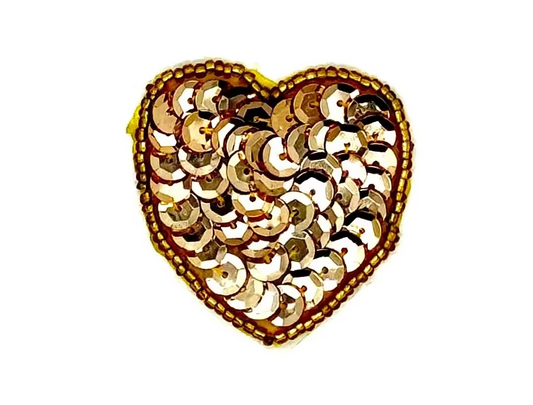 Heart Appliqué - Pre-Glued - Gold Sequins/Beads 1.75” x 1.75”