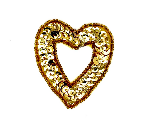 Heart Appliqué - Gold Sequins/Beads - Open Center 2.5” x 2”