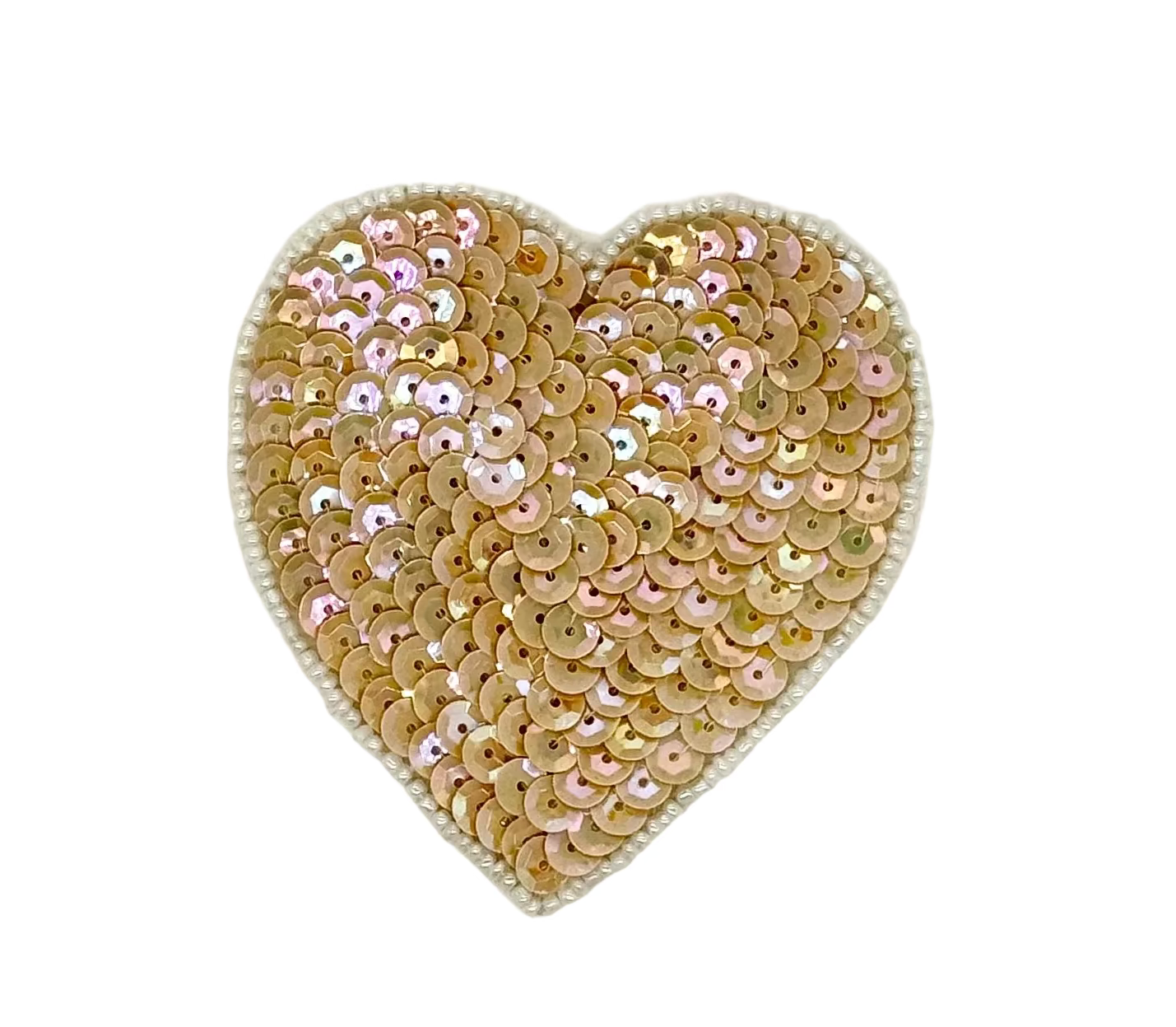 Heart Appliqué - Iridescent Beige Sequins - White Beads 3.25” x 3”