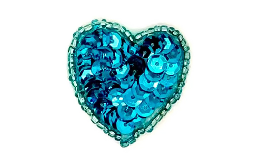 Heart Appliqué - Turquoise Sequins/Beads 1.25” x 1.25”