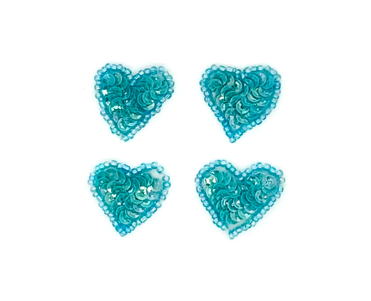 Heart Appliqué - Set of 4 Aqua Blue Sequins/Beads 1" x 1”