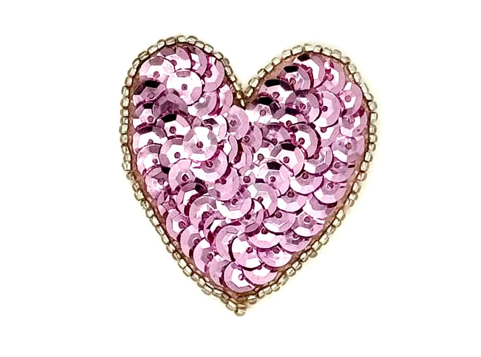 Heart Appliqué - Lilac Sequins - Silver Beads 2” x 1.75”