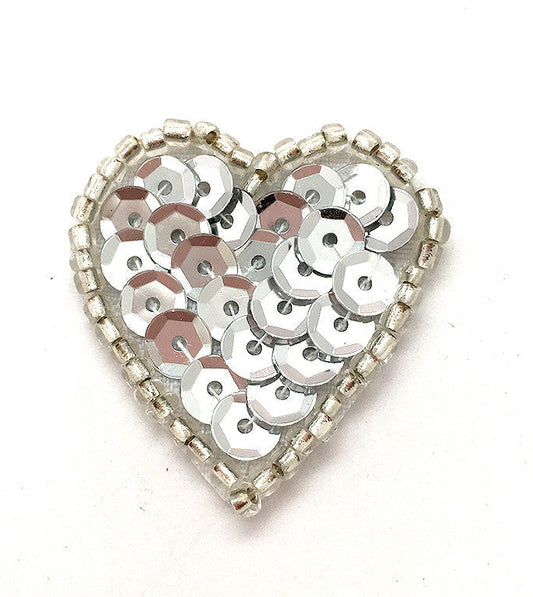 Heart Appliqué - Silver Sequins/Beads 1" x 1”