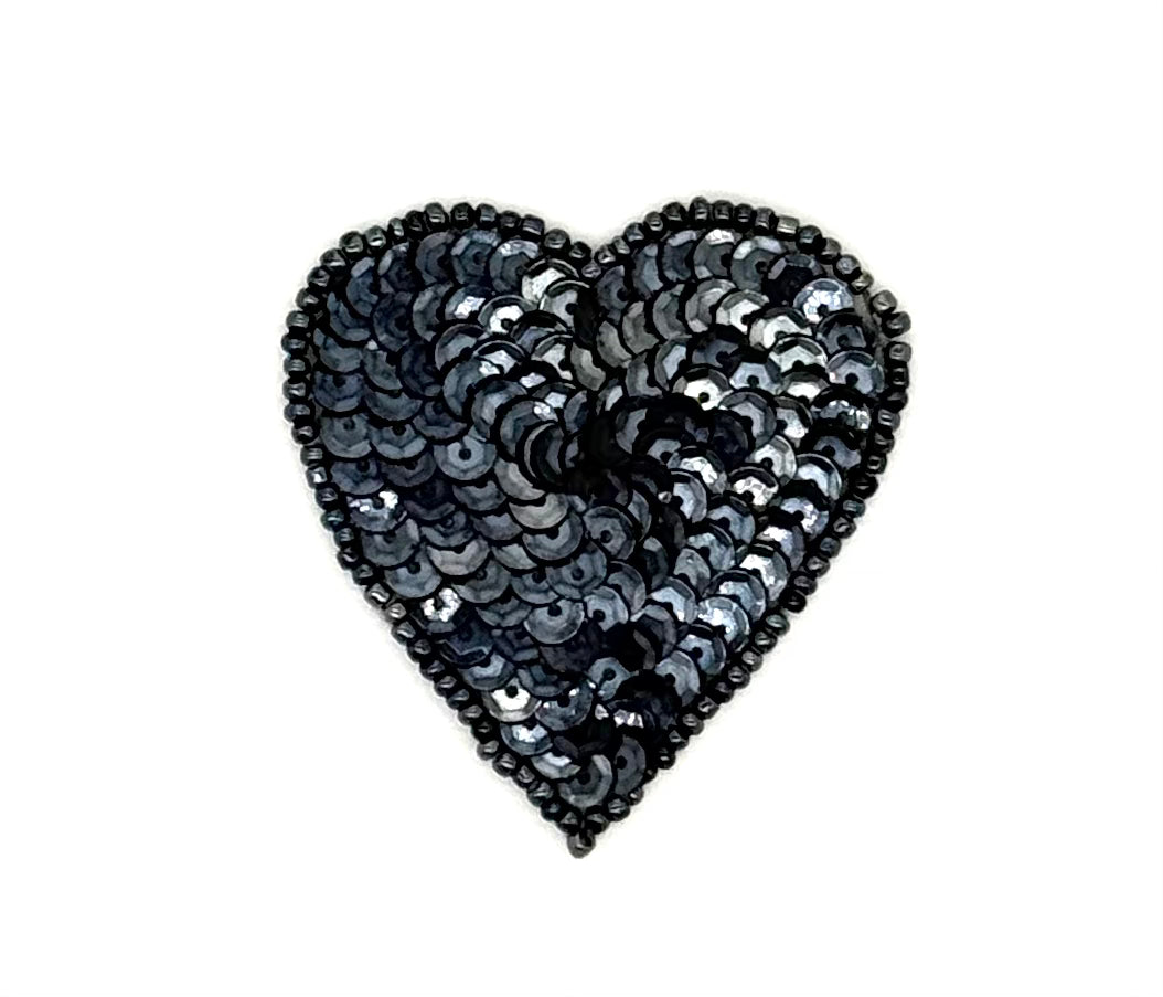 Heart Appliqué -  Charcoal Gray Sequins/Beads- Choice of Size 4”, 3”, 2”, or 1.5"
