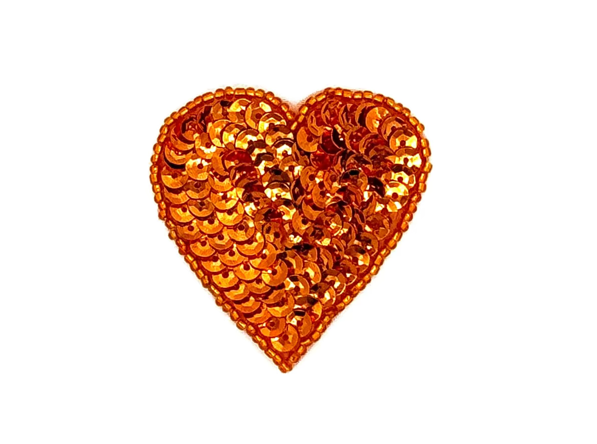 Aplique de corazón - Lentejuelas/Cuentas Naranja Mandarina - Seleccione tamaño 4”, 3” o 2”