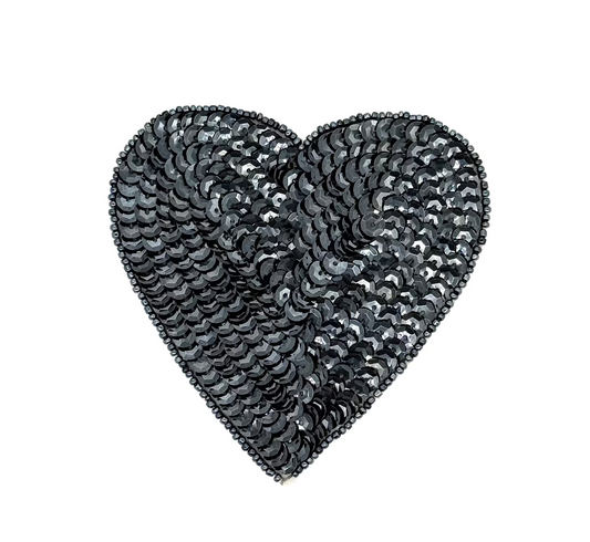 Aplicación de Corazón - Lentejuelas/Cuentas Gris Carbón - Elige entre 2" o 1.5"