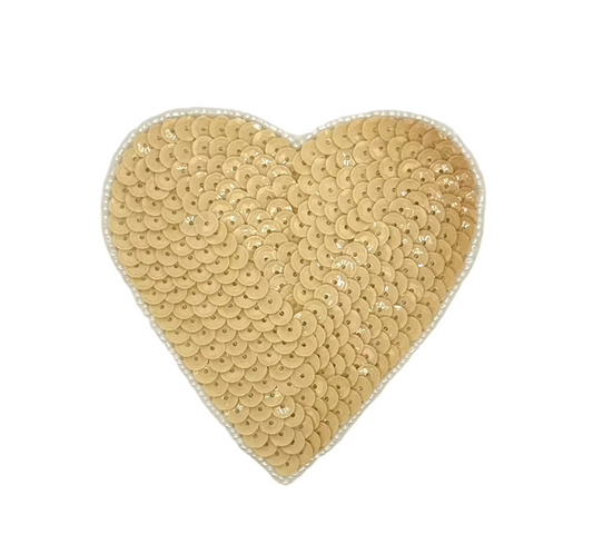 Heart Appliqué - Beige Sequins - White Beads 4” x 4”