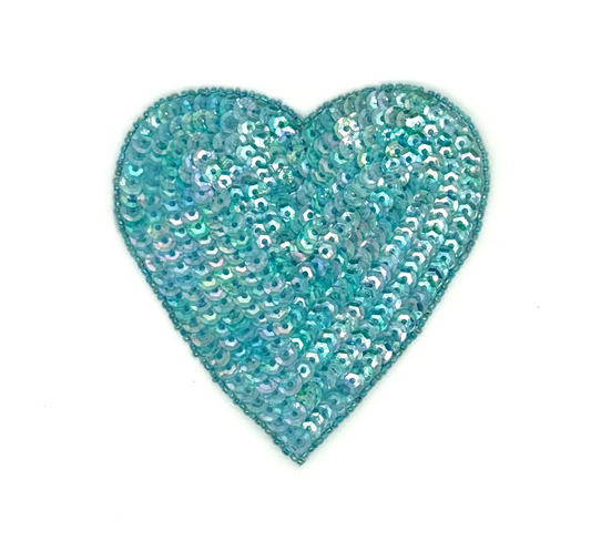 Heart Appliqué - Iridescent Aqua Blue Sequins/Beads 4” x 4”