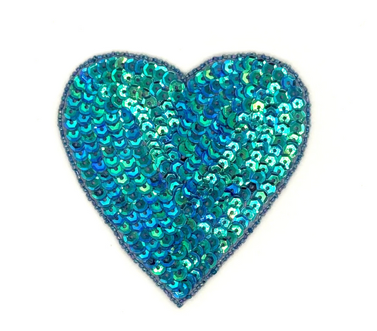Heart Appliqué - Iridescent Turquoise/Aqua/Blue Sequins/Beads - Choice of Size 4”, 3” or 2”