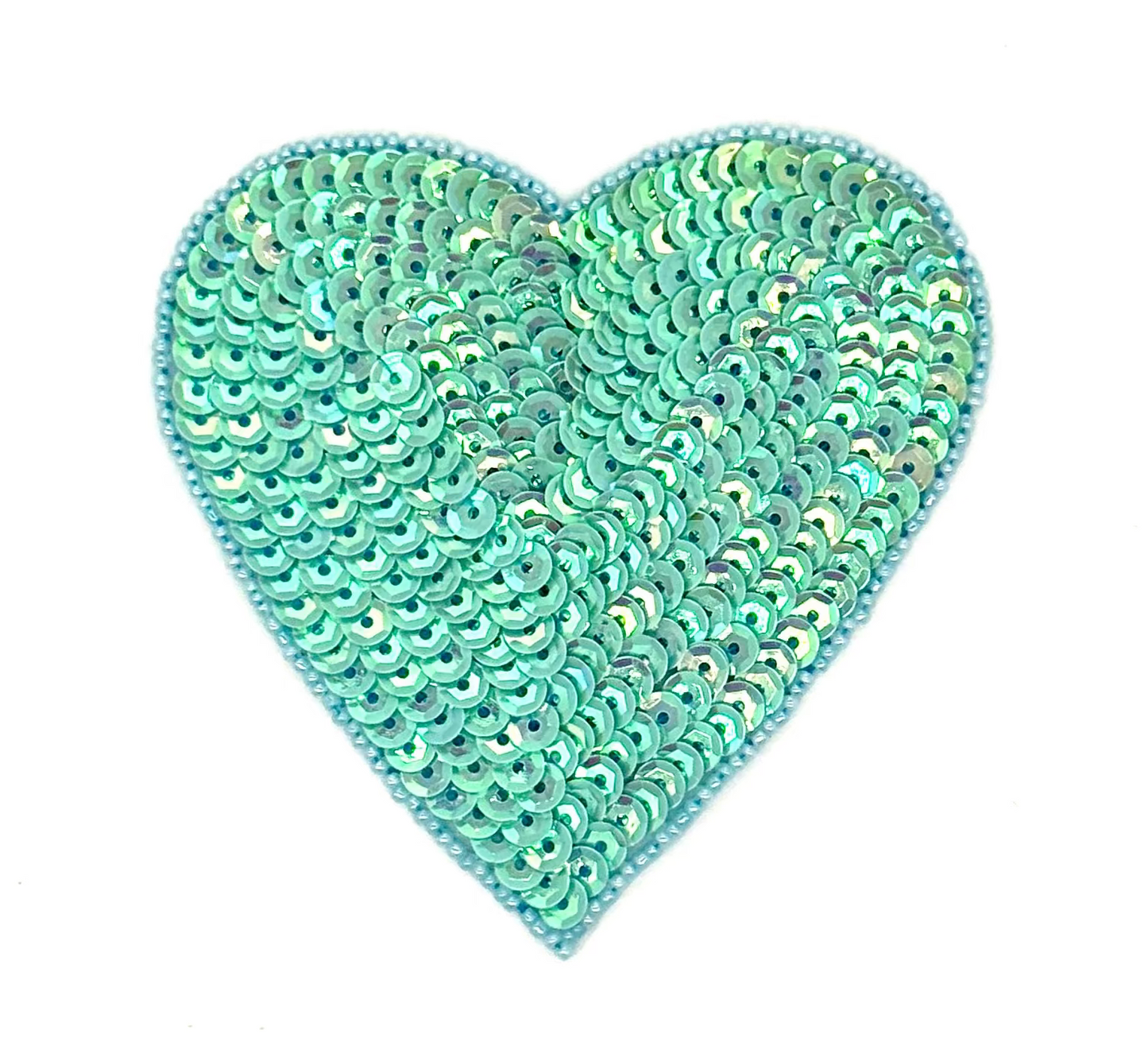 Heart Appliqué - Iridescent Aqua Green Sequins/Beads - Choice or  4”, 3” or 2”