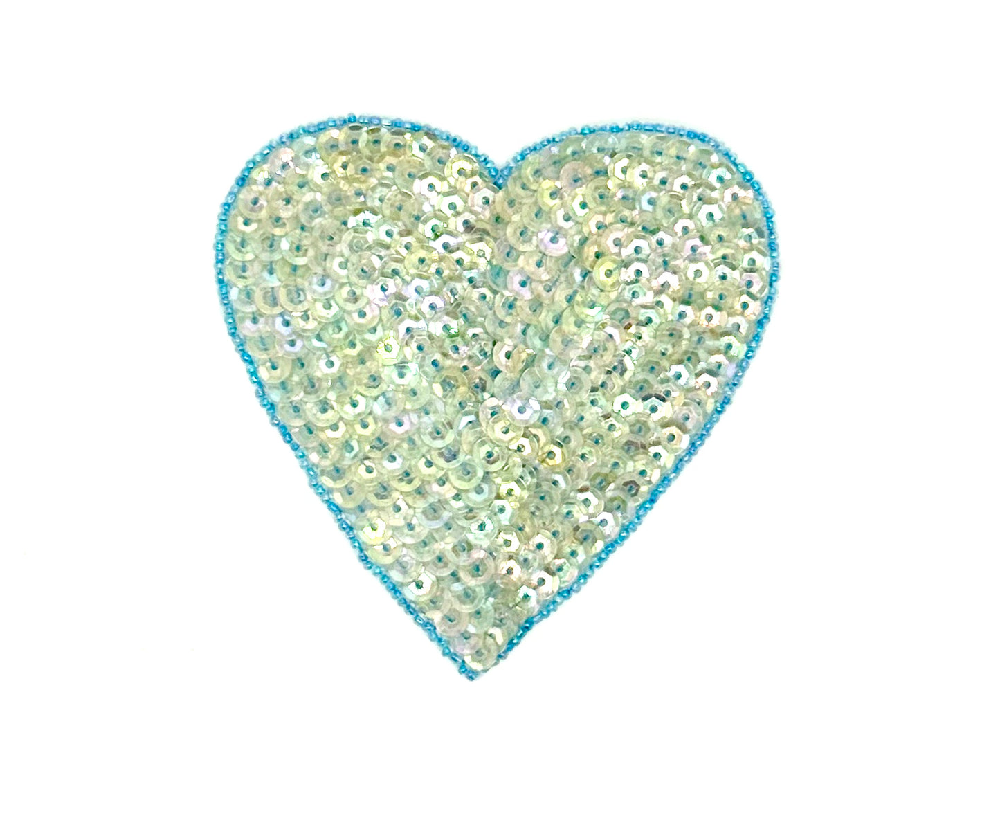 Heart Appliqué - Iridescent Sequins - Light Blue Beads - Choice of Size 4” or 3”