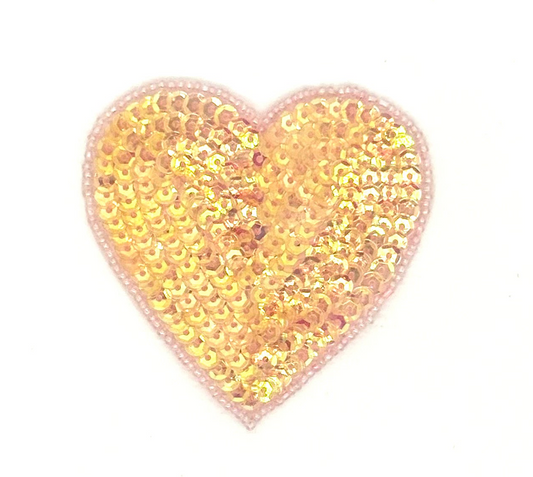 Heart Appliqué - Iridescent Beige Sequins - Pink Beads 3” x 3”