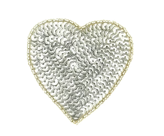 Heart Appliqué - Silver Metallic Sequins - Glass Beads - Choice of Size 3”, 2” or 1.5”