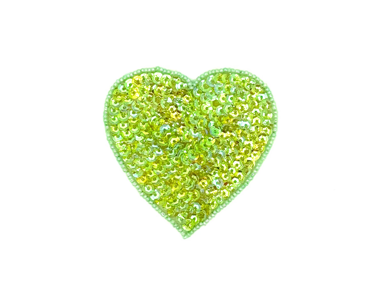 Aplique de corazón - Lentejuelas/Cuentas iridiscentes verde lima de 7,6 cm x 7,6 cm