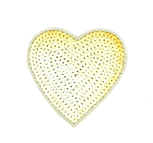 Heart Appliqué - Iridescent Beige Sequins - White Beads 3” x 3”