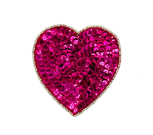 Heart Appliqué - Fuchsia Sequins - Silver Beads 3” x3”