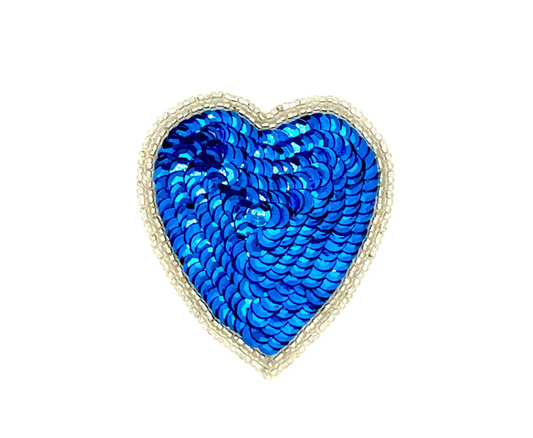 Heart Appliqué - Royal Blue Sequins - Double Silver Beads 3" x 2.5"