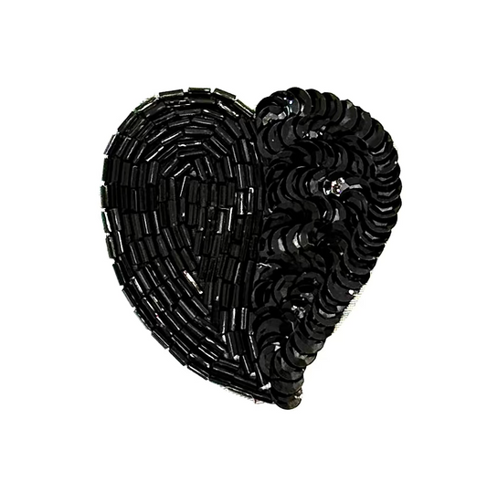 Heart Appliqué - Double Leaf Accent - Black Beads/Sequins 2.5" x 2.25"