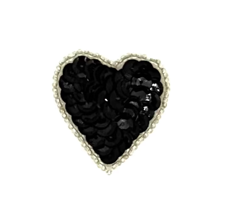 Heart Appliqué - Black Sequins - Silver Beads 1.5" x 1.5”