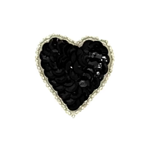 Heart Appliqué - Black Sequins - Silver Beads 1.5" x 1.5”