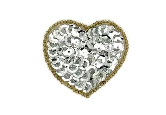 Heart Appliqué - Silver Cupped Sequins/Beads 2" x 1.75"