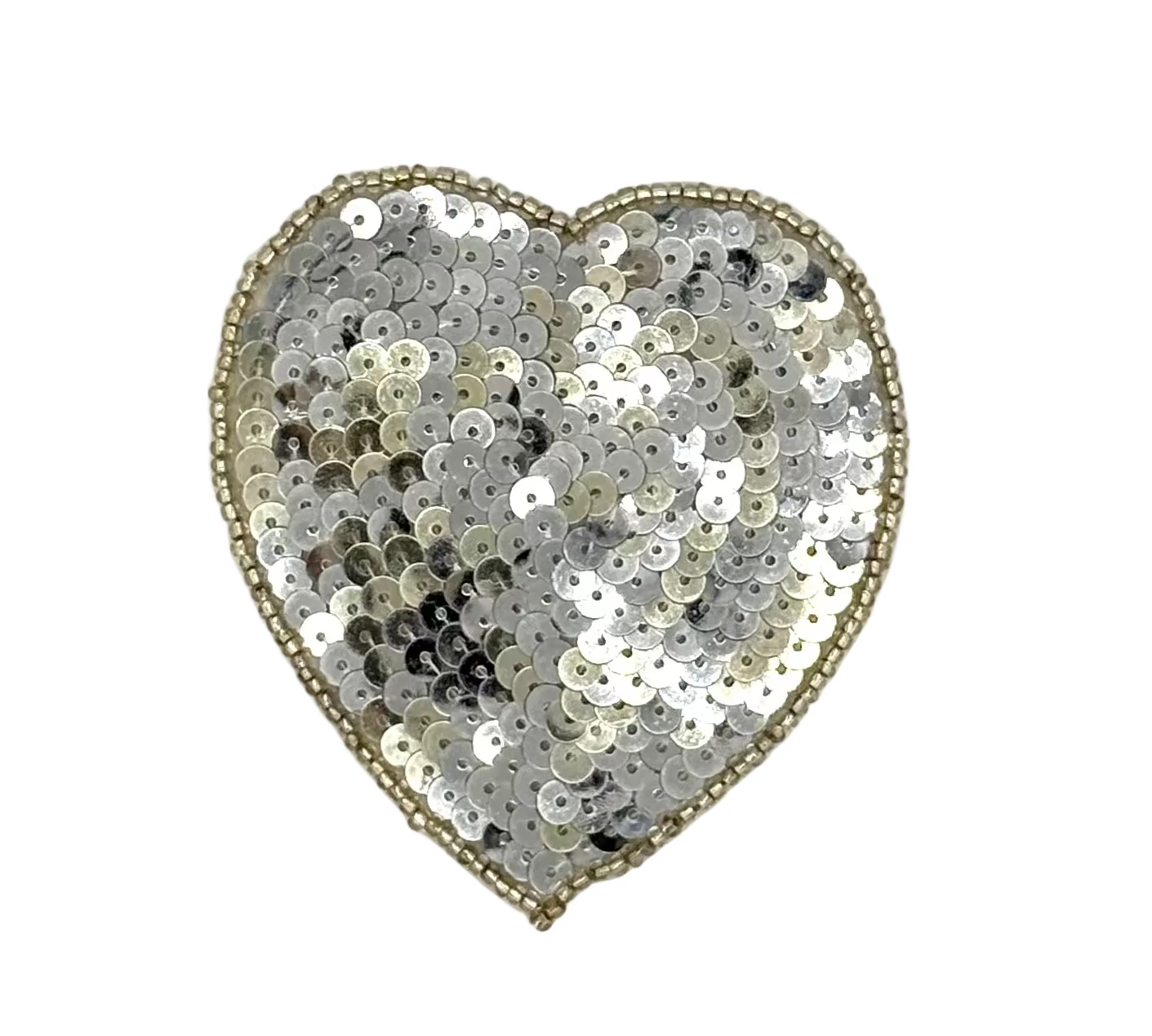 Aplicación de corazón - Lentejuelas planas iridiscentes plateadas - Cuentas plateadas - 3.5” x 3”