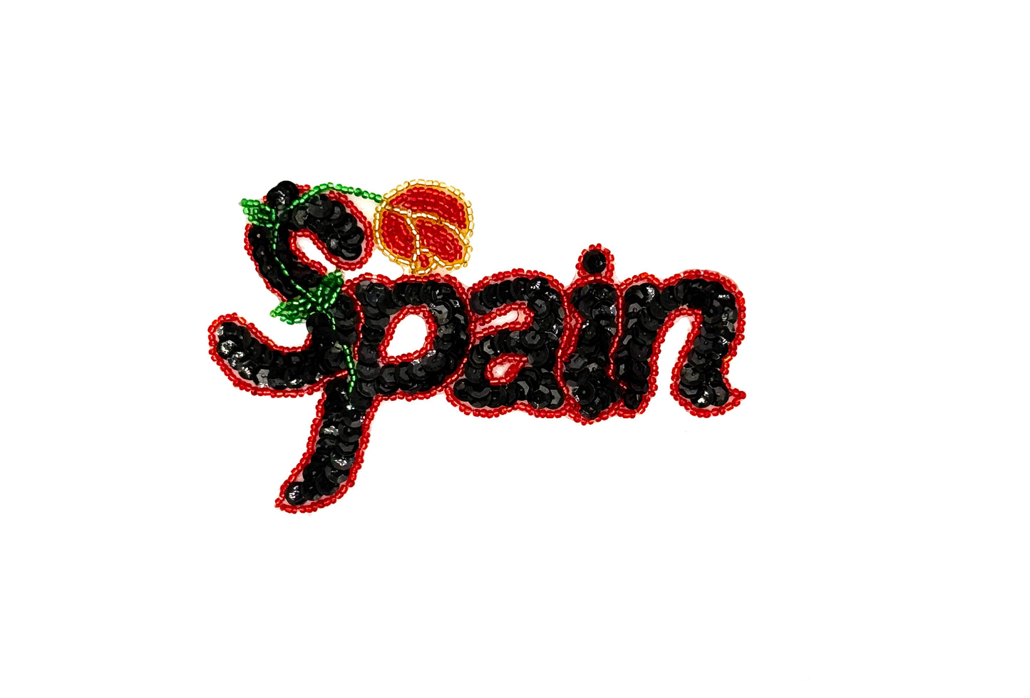 La palabra "España" - Lentejuela negra - Cuentas rojas/verdes/doradas - 5.5" x 3.5"