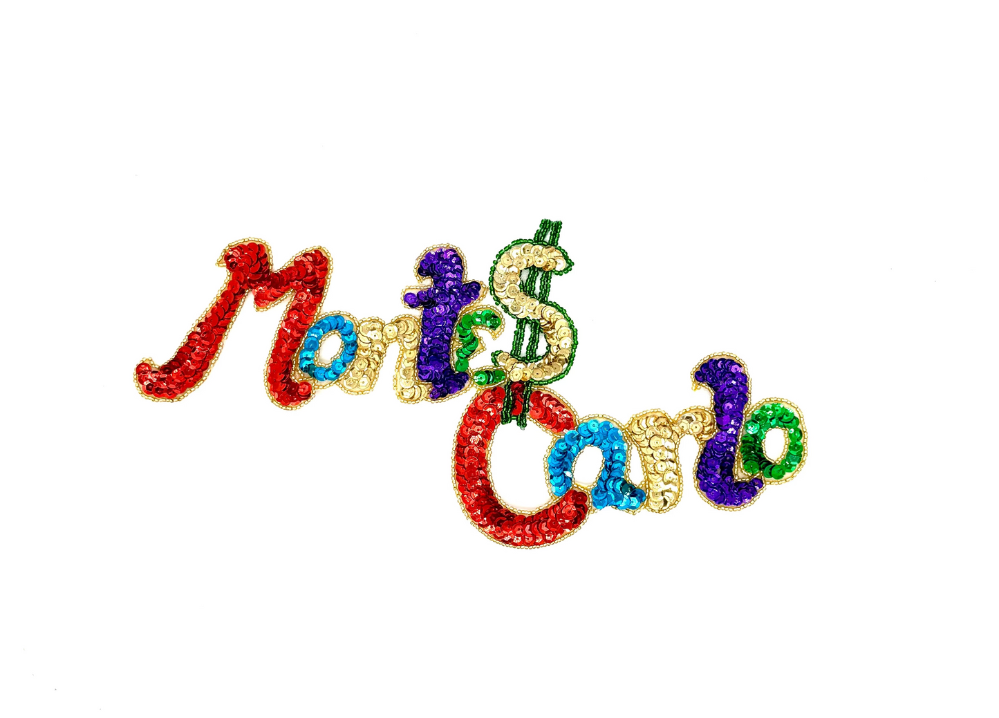 La palabra "Monte Carlo" - Lentejuelas multicolores - Cuentas doradas - 28 cm x 15 cm