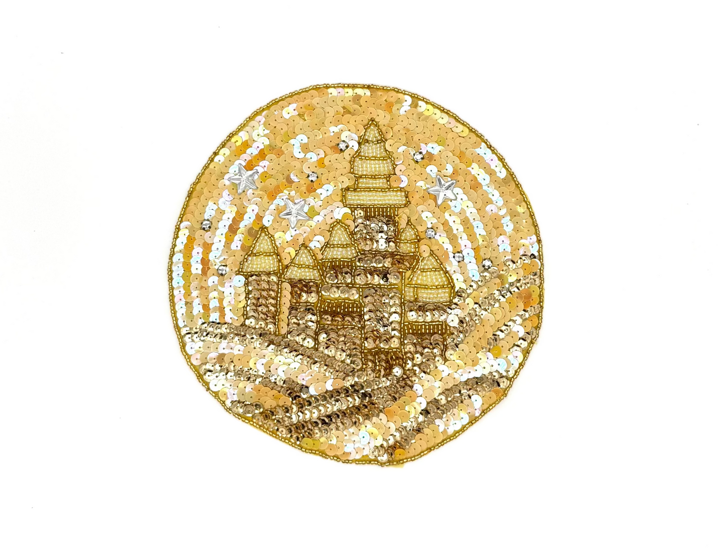Castle Circular Patch - Iridescent Gold Sequins -Gold Beads - Rhinestones - Gems - 8”