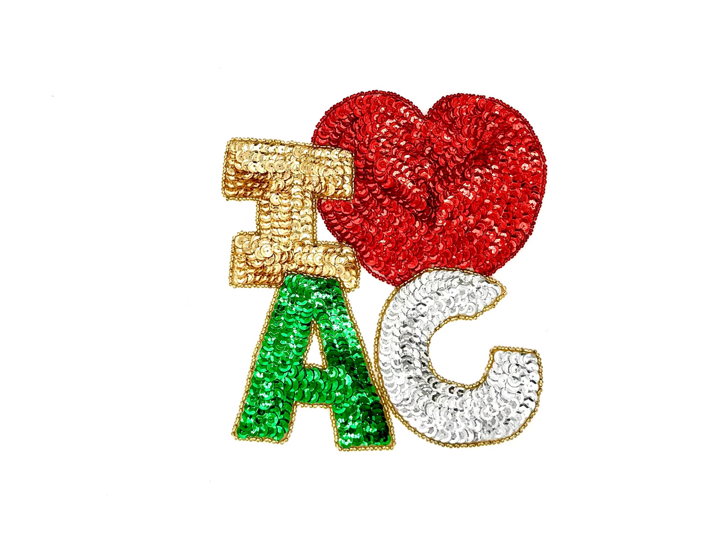 Decorative patch with 'I ❤️ AC' text on a white background